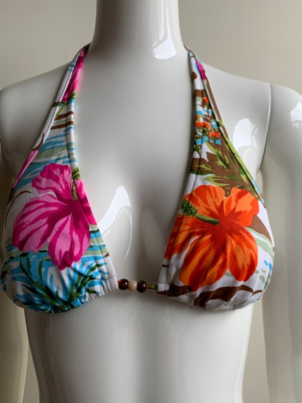 Raisins Multi color floral print beaded halter bikini top size medium